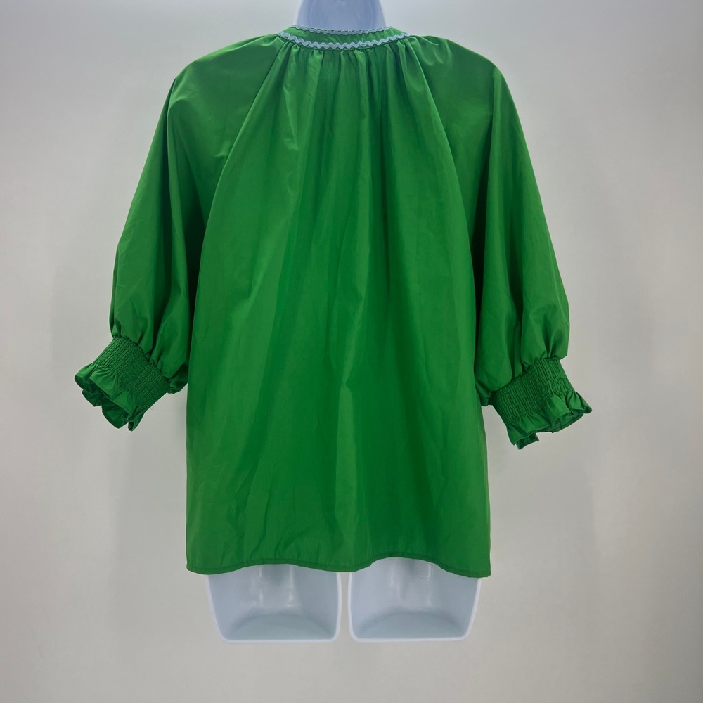 Entro Green Embroidered Tunic Top Womens Medium 3/4 Puff Sleeve Ric-Rac - Picture 2 of 11